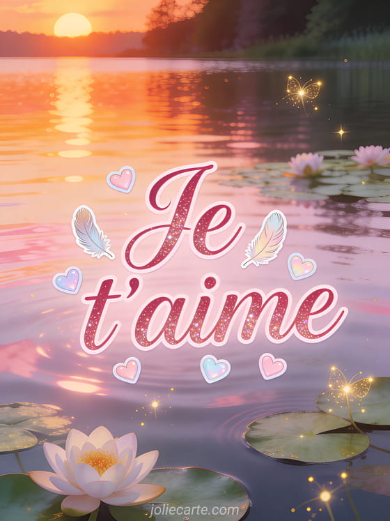 Coucher de soleil féerique sur un lac avec nénuphars et lucioles dorées, texte Je t'aime en lettres calligraphiées rose pailleté