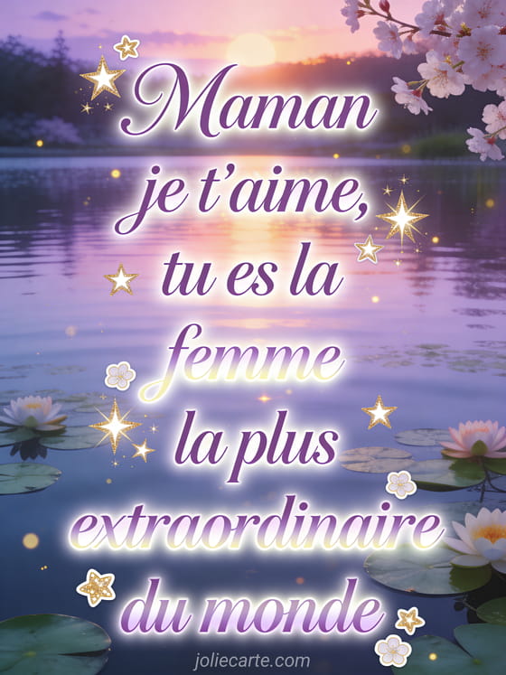 Lac calme reflétant un coucher de soleil mauve et rose avec nénuphars en fleurs et le texte Maman je t'aime en lettres cursives lilas