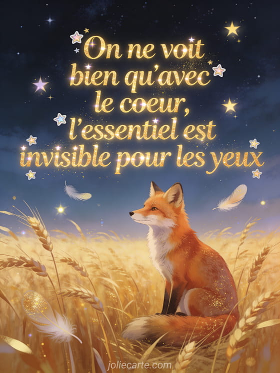 Renard roux assis dans un champ de blé doré sous un ciel étoilé avec le texte On ne voit bien qu'avec le coeur en lettres dorées