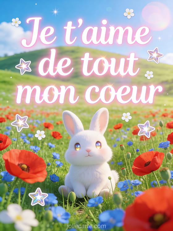Mignon petit lapin blanc dans un champ de coquelicots rouges et bleuets avec le texte Je t'aime de tout mon coeur en lettres blanches lumineuses