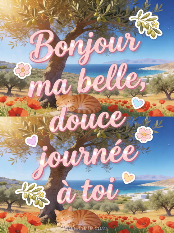 Chat roux tigré sous un olivier dans une oliveraie grecque avec coquelicots rouges et vue sur la mer Égée en lumière dorée