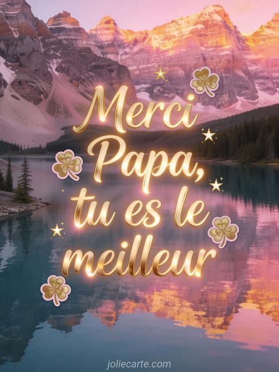 Paysage de montagne au coucher du soleil avec reflets roses et dorés sur un lac paisible et le texte Merci Papa tu es le meilleur en lettres dorées