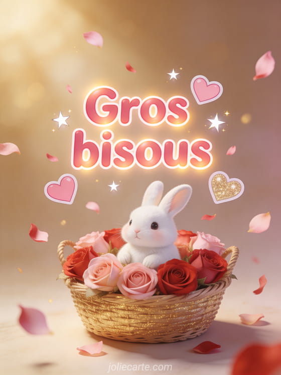 Petit lapin blanc dans un panier de roses roses et rouges baigné de lumière dorée avec le texte Gros bisous en lettres rondes roses