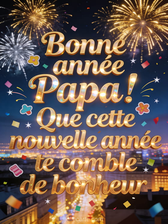 Ciel nocturne illuminé de feux d'artifice dorés et argentés au-dessus d'une ville scintillante avec le texte Bonne année Papa en lettres festives dorées