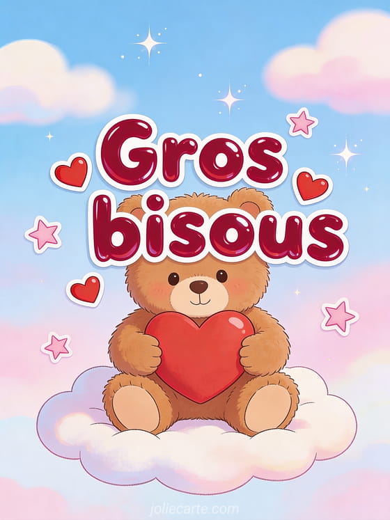 Ourson en peluche brun tenant un gros coeur rouge entre ses pattes sur un nuage moelleux avec le texte Gros bisous en lettres rondes rouge cerise