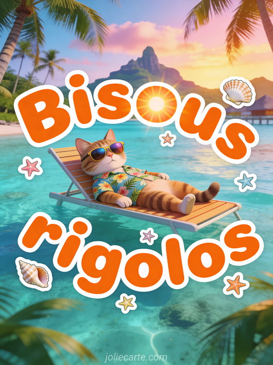 Chat anthropomorphe avec lunettes de soleil et chemise hawaïenne sur un transat au lagon de Bora Bora avec palmiers...