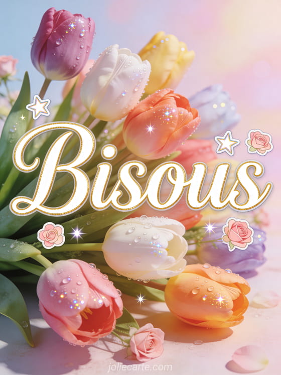 Bouquet de tulipes multicolores dans une lumière printanière avec le texte Bisous en lettres cursives blanches à contour doré