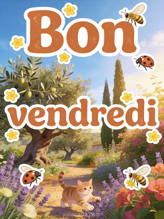 Jardin méditerranéen fleuri avec oliviers et lavandes, chats jouant parmi les bougainvilliers, abeilles butinant,...