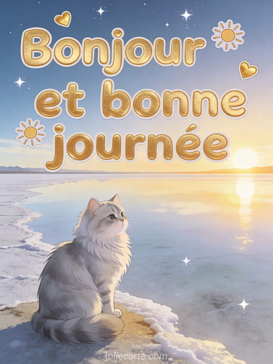 Chat persan chinchilla argenté au bord du Salar de Uyuni sous un ciel étoilé avec reflets dorés, texte Bonjour et bonne journée