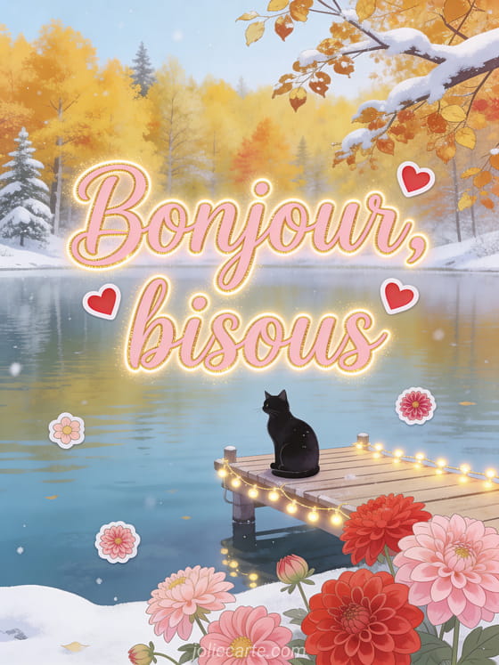 Texte Bonjour bisous en lettres cursives roses avec coeurs et dahlias devant un lac automnal avec un chat noir sur un ponton illuminé de guirlandes