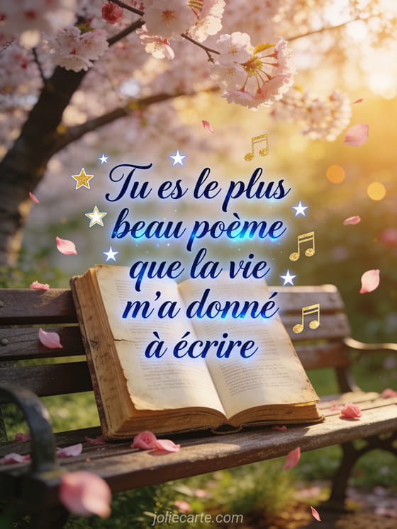 Vieux livre ouvert sur un banc de jardin sous un cerisier en fleurs avec pétales roses et le texte Tu es le plus beau poème en lettres manuscrites bleu nuit