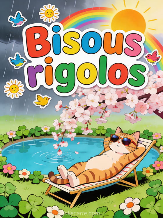 Chat anthropomorphe avec lunettes de soleil sur un transat sous des cerisiers en fleurs avec arc-en-ciel et le texte Bisous rigolos en lettres multicolores