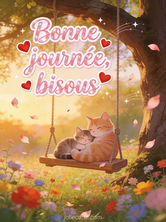 Texte Bonne journée bisous en lettres roses avec coeurs et étoiles filantes au-dessus d'un chat et son chaton sur une balançoire dans un pré fleuri