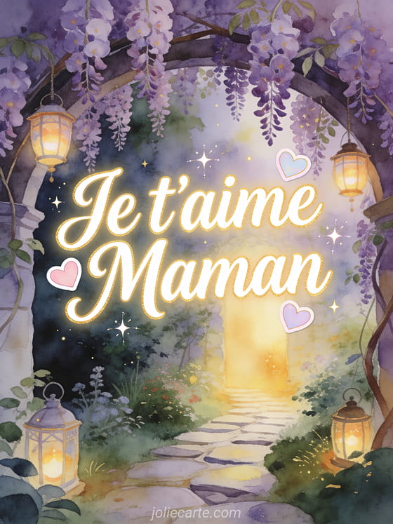 Jardin secret avec arche couverte de glycine mauve et lanternes lumineuses suspendues avec chemin de pierre et le texte Je t'aime Maman en lettres calligraphiques blanches
