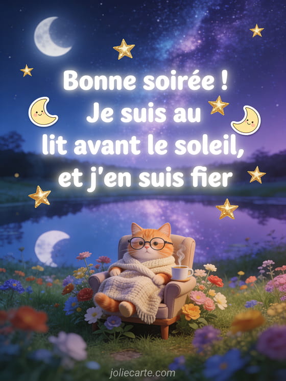 Prairie multicolore au bord d'un lac avec voie lactée et un chat roux avec des lunettes de lecture installé dans un fauteuil miniature et le texte Bonne soirée