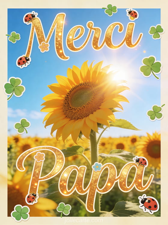 Tournesol géant tourné vers le soleil dans un champ de tournesols dorés sous un ciel bleu limpide avec le texte Merci Papa en lettres manuscrites dorées