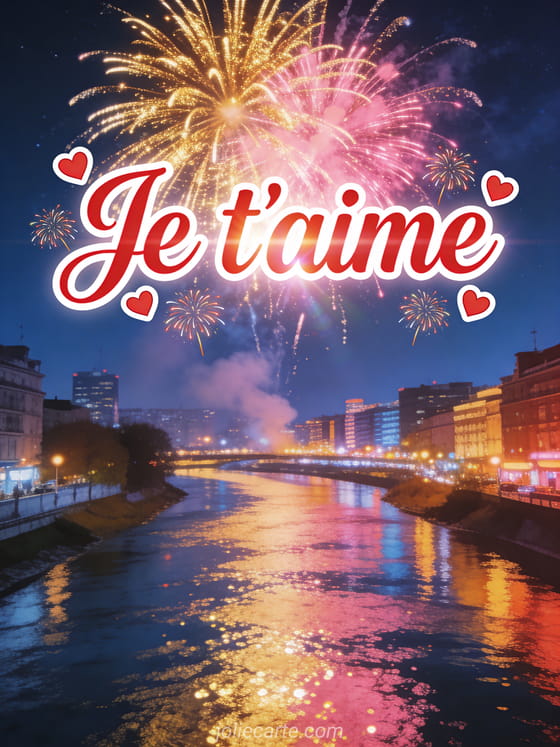 Ciel nocturne avec feu d'artifice doré et rose au-dessus d'une ville illuminée avec reflets scintillants sur une rivière et le texte Je t'aime en lettres cursives rouges