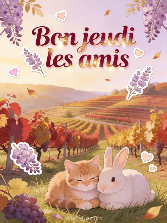 Vignoble automnal aux feuilles rouges et dorées avec chaton et lapin pelotonnés, grappes de lilas, texte Bon jeudi les amis