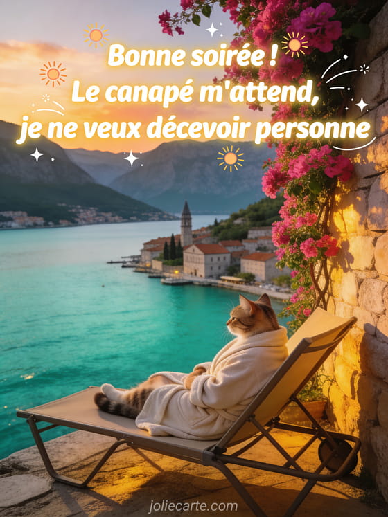 Chat en peignoir installé sur un transat face à la baie de Kotor au crépuscule avec bougainvillier fuchsia
