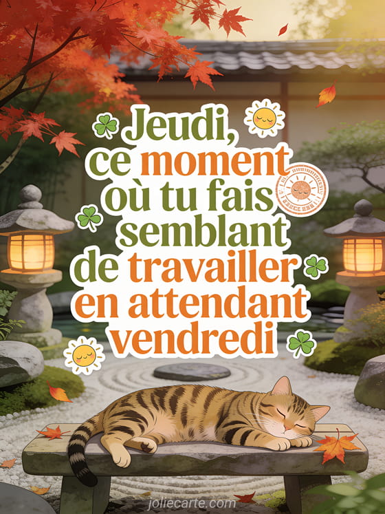 Chat tigré paresseux sur un banc en pierre dans un jardin zen japonais avec érable rouge et feuilles, texte Jeudi ce moment où tu fais semblant