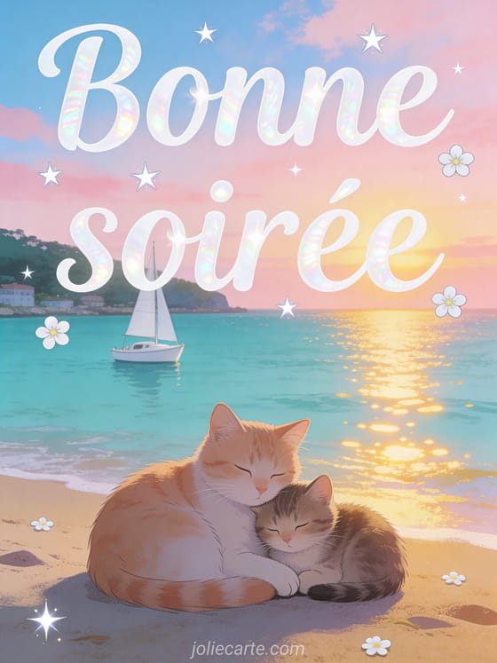 Baie turquoise au crépuscule avec un petit voilier blanc et un chat blotti avec son chaton sur le rivage