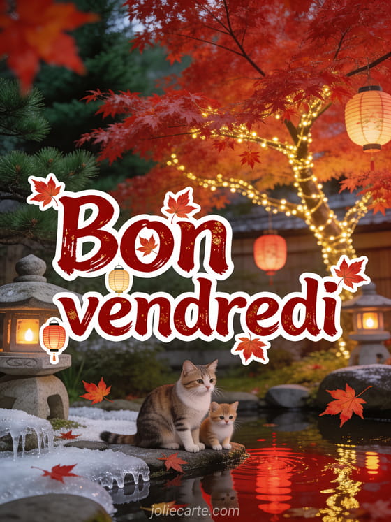 Jardin japonais avec érable rouge, chat et chaton au bord d'un bassin, lanternes en pierre et guirlandes lumineuses avec texte Bon vendredi en lettres bordeaux dorées