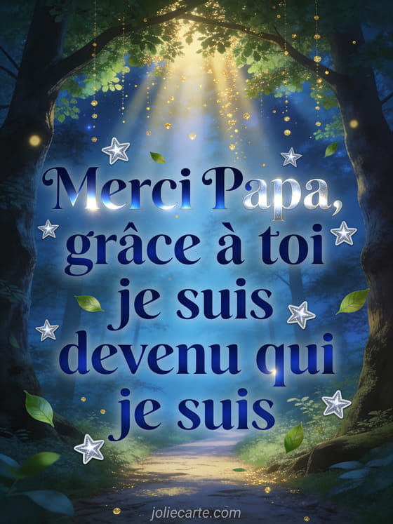 Sentier forestier bordé de grands arbres avec voûte de feuillage vert et rayons de lumière dorée qui percent la canopée avec le texte Merci Papa en lettres bleu nuit