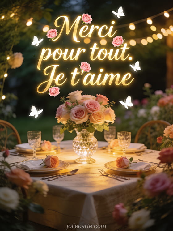 Table joliment dressée dans un jardin fleuri avec bouquet de roses dans un vase en cristal et guirlandes lumineuses avec le texte Merci pour tout Je t'aime