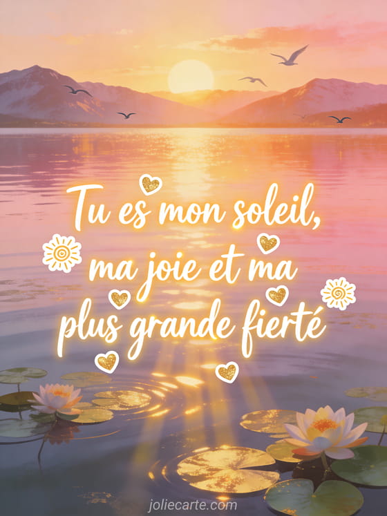 Lever de soleil sur un lac calme avec montagnes au loin, nénuphars en fleurs et reflets dorés sur l'eau avec le texte Tu es mon soleil en lettres blanches