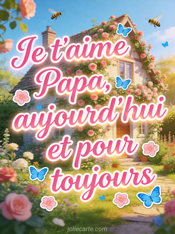 Cottage anglais couvert de roses grimpantes avec jardin fleuri luxuriant dans une lumière dorée d'été avec le texte Je t'aime Papa en lettres cursives rose vif