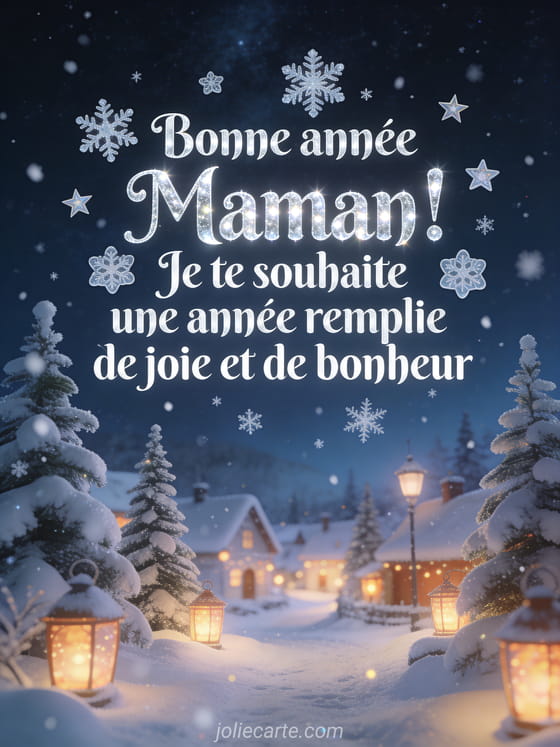 Village enneigé illuminé de lanternes chaudes au pied de sapins couverts de neige sous un ciel étoilé avec le texte Bonne année Maman en lettres blanc argenté givrées