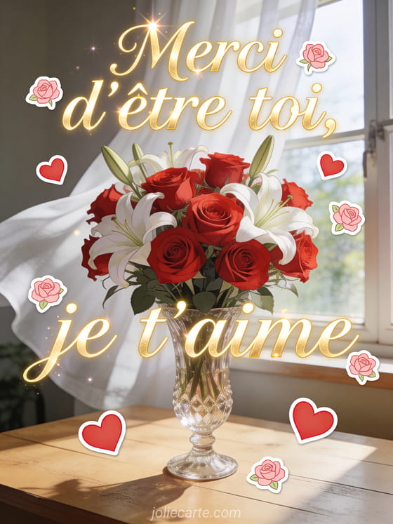 Bouquet de roses rouges et lys blancs dans un vase en cristal près d'une fenêtre ouverte avec rideaux blancs flottant et le texte Merci d'être toi en lettres cursives dorées