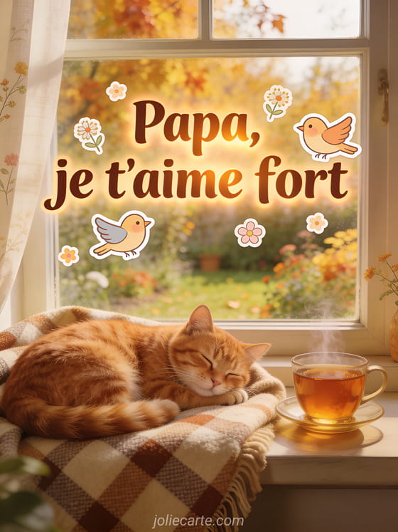 Chat roux endormi sur un plaid à carreaux près d'une fenêtre avec vue sur un jardin automnal doré et tasse de thé fumante