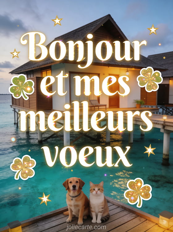 Bungalow sur pilotis au-dessus de l'eau turquoise, chien et chat côte à côte sur la terrasse en bois avec texte Bonjour et mes meilleurs voeux en lettres blanches dorées