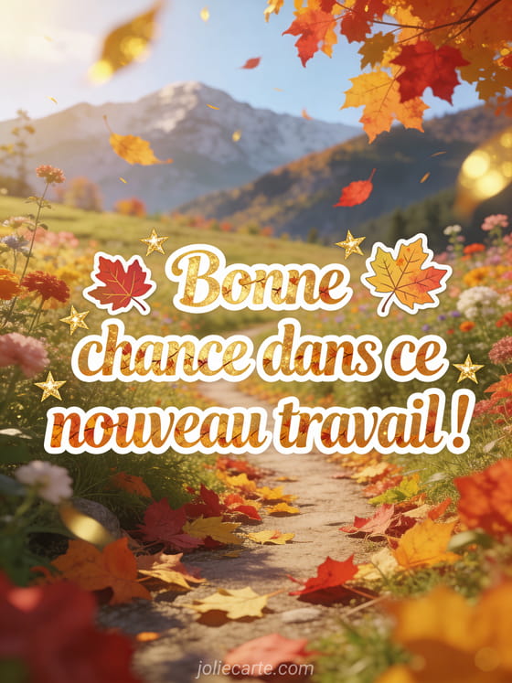 Texte Bonne chance dans ce nouveau travail en lettres dorées automnales avec feuilles d'érable et étoiles dans un alpage fleuri avec feuilles virevoltant