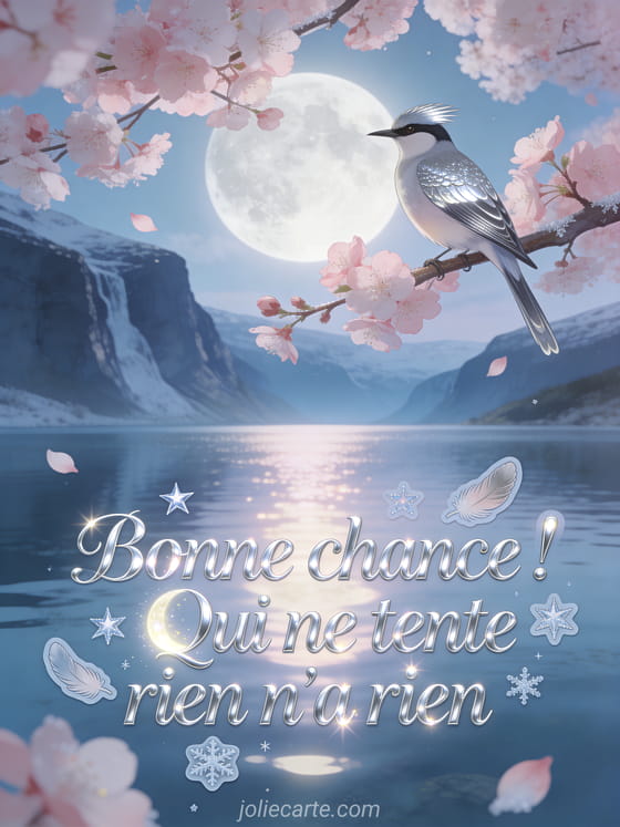Cerisiers en fleurs au-dessus d'un fjord majestueux sous le clair de lune, huppe fasciée sur une branche, texte Bonne chance