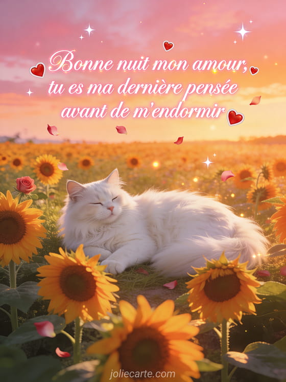 Champ de tournesols sous un ciel rose et orangé avec un chat angora turc blanc allongé parmi les tournesols et étoiles apparaissant et le texte Bonne nuit mon amour