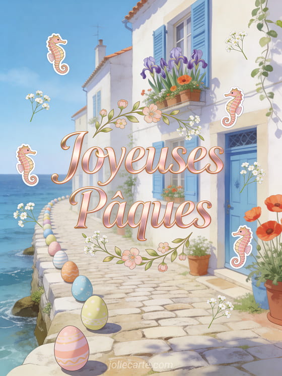Village côtier aux maisons blanches avec iris et pavots, oeufs de Pâques et texte Joyeuses Pâques