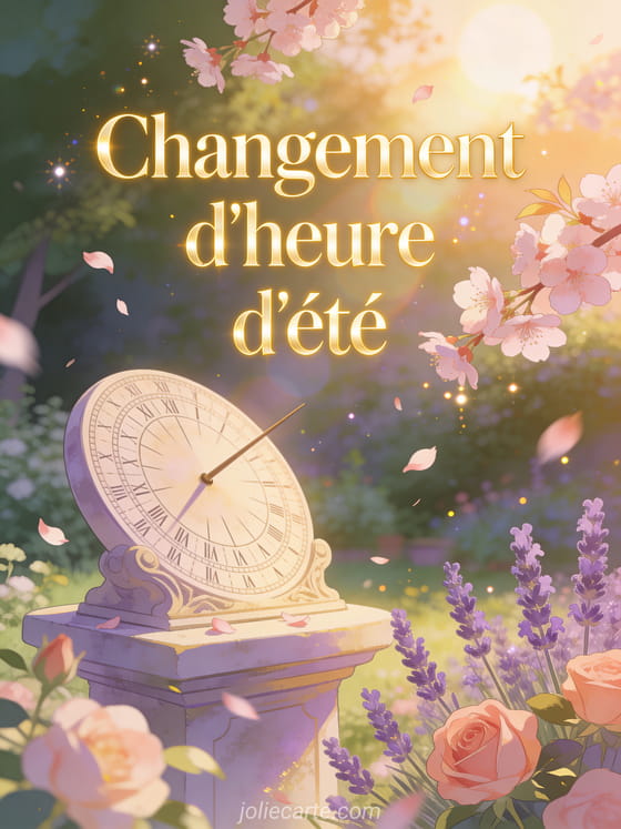 Cadran solaire dans un jardin baigné de lumière dorée, cerisiers en fleurs, lavande et roses