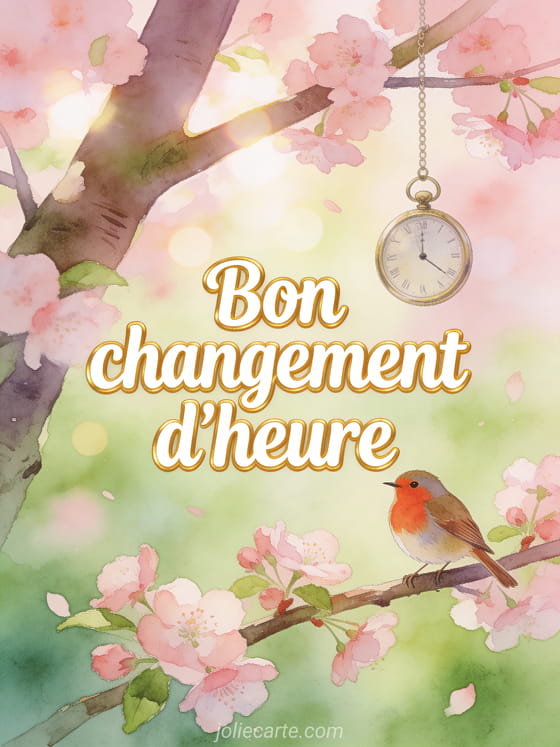 Rouge-gorge près d'une montre à gousset suspendue à un arbre, cerisiers en fleurs, lumière matinale