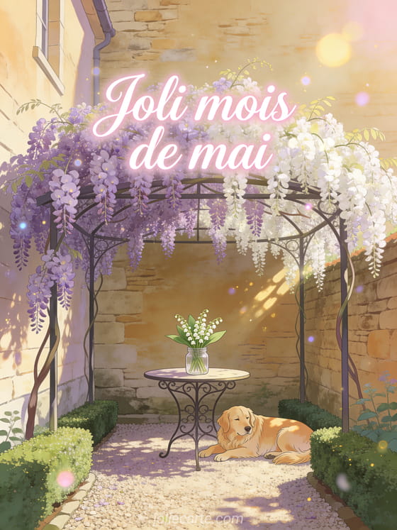 Tonnelle de glycine dans un jardin clos avec golden retriever couché, table en fer forgé et bouquet de muguet