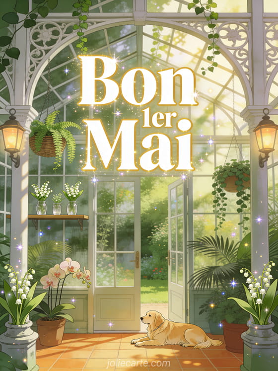 Serre victorienne avec golden retriever couché, étagères de muguet en vases, plantes tropicales et lanternes chaudes