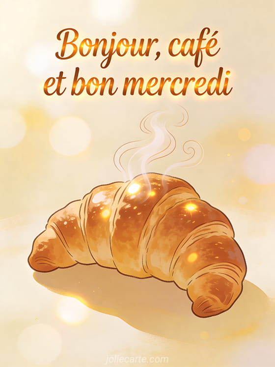 Illustration d'un croissant doré avec volutes de vapeur dans une lumière matinale et le texte Bonjour, café et bon mercredi en écriture cosy