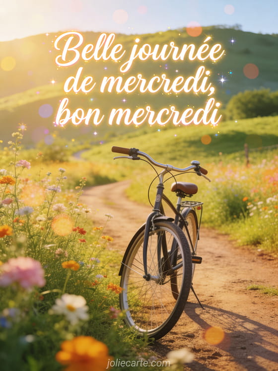 Illustration d'une campagne matinale avec un vélo classique sous la lumière du matin et le texte Belle journée de mercredi, bon mercredi