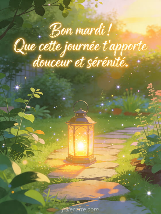 Illustration d'un jardin à l'aube avec lanterne lumineuse sur un chemin et le texte Bon mardi douceur et sérénité