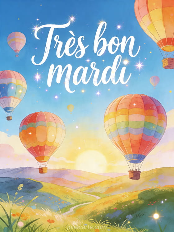 Illustration de montgolfières colorées au-dessus d'une vallée ensoleillée avec le texte Très bon mardi