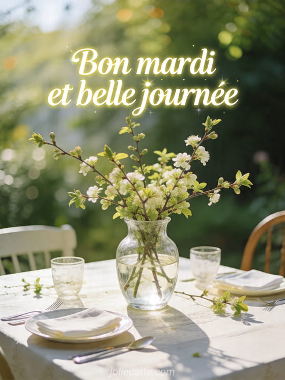 Photo réaliste d'un vase en verre avec branches de printemps sur une table lumineuse et le texte Bon mardi et belle journée