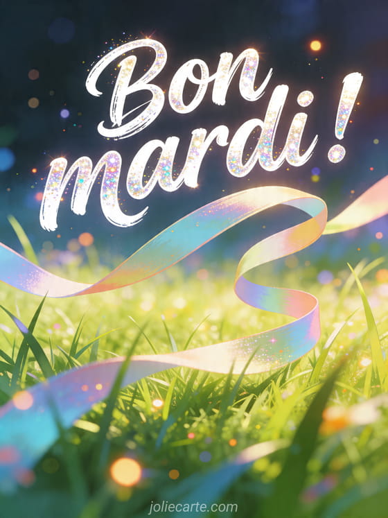 Illustration d'un ruban en mouvement au-dessus d'une prairie lumineuse avec le texte Bon mardi