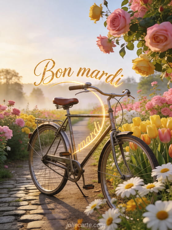 Photo réaliste d'un vélo vintage sur une allée fleurie au lever du soleil avec le texte Bon mardi