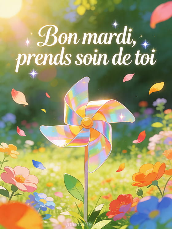 Illustration d'un moulin à vent coloré dans un jardin ensoleillé avec pétales flottants et le texte Bon mardi prends soin de toi
